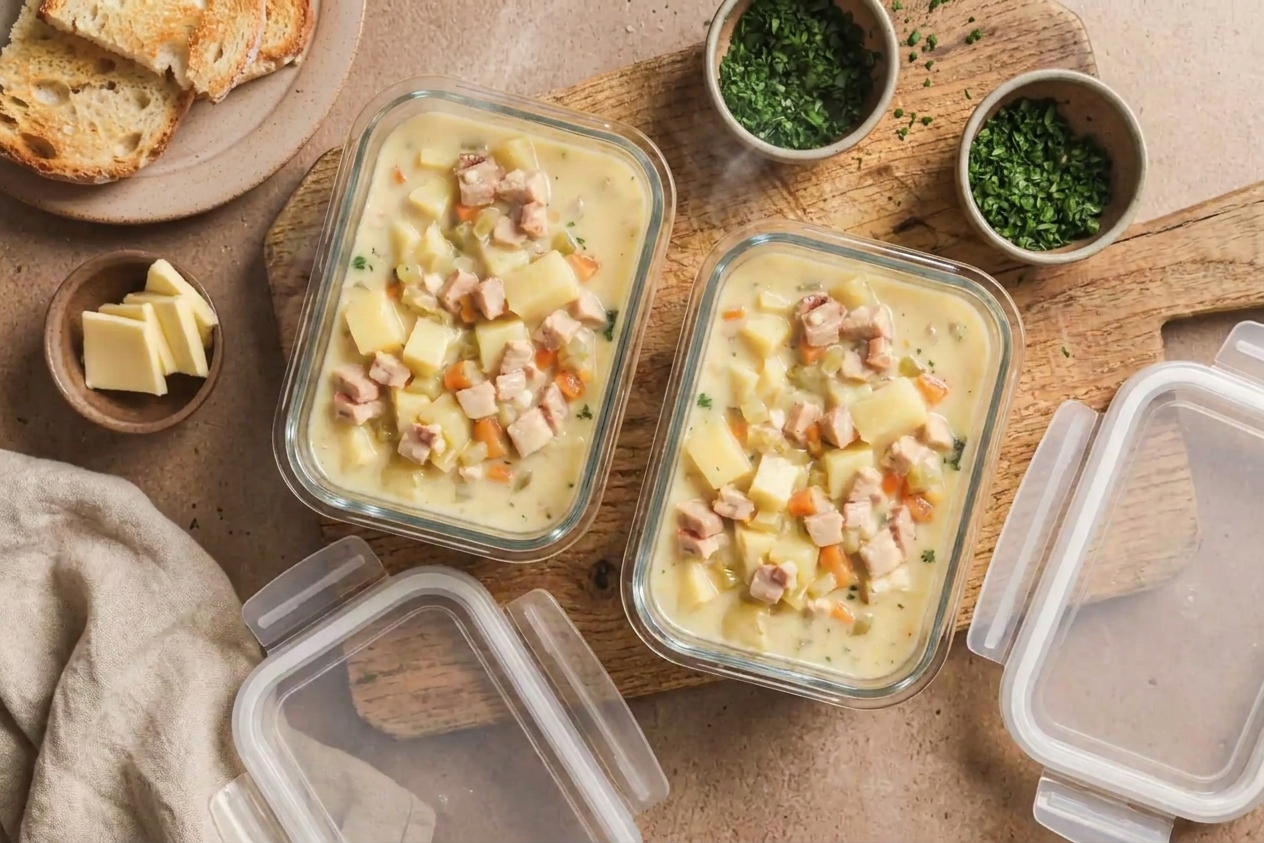 Two clear meal prep containers filled with ham and potato soup cooling on a kitchen counter with lids nearby