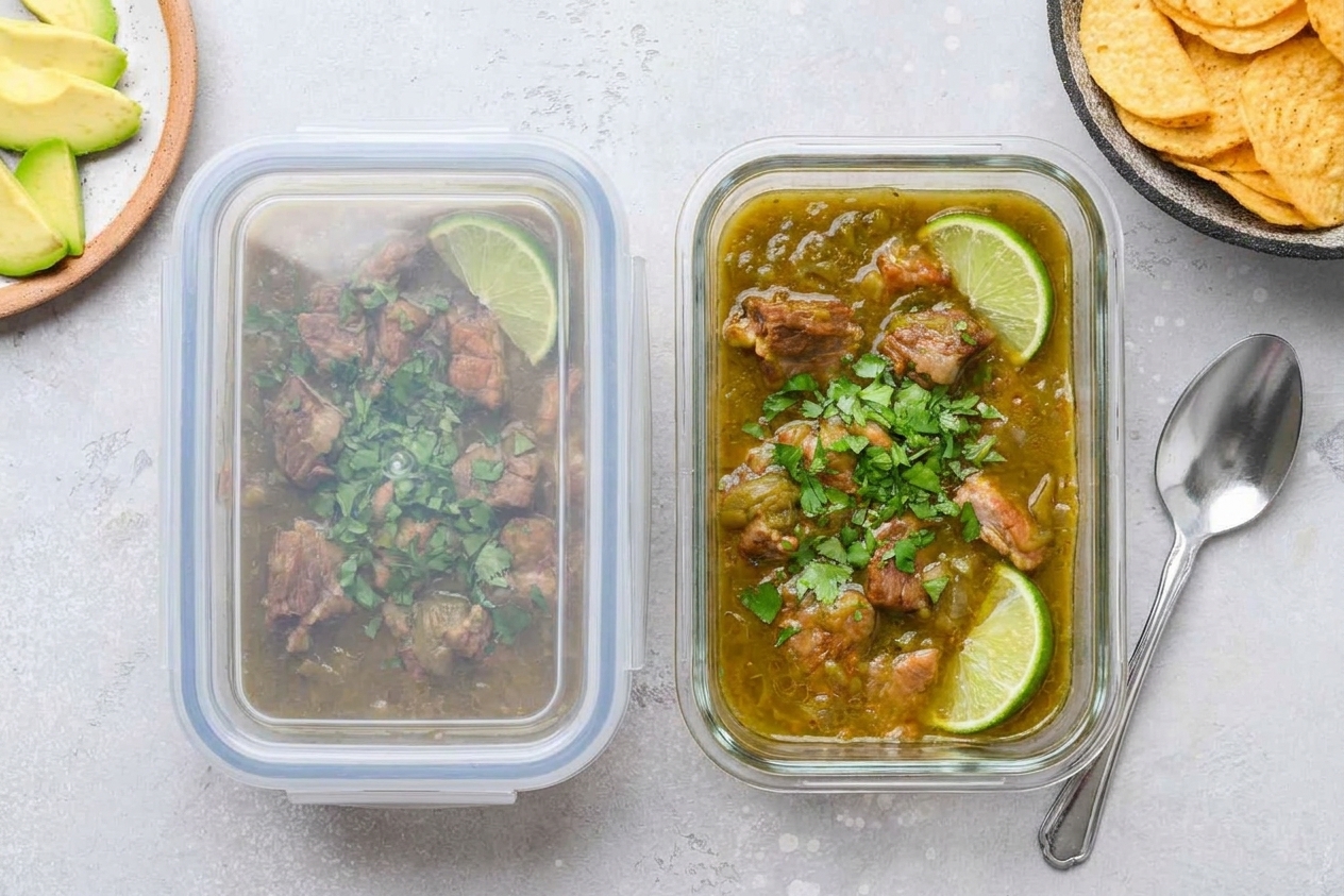 Two clear meal prep containers filled with pork green chili on a kitchen counter, one container sealed and one open with a spoon resting beside it