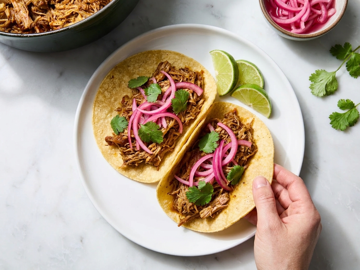 Two cochinita pibil tacos on a plate topped with pickled red onions and cilantro, with lime wedges on the side