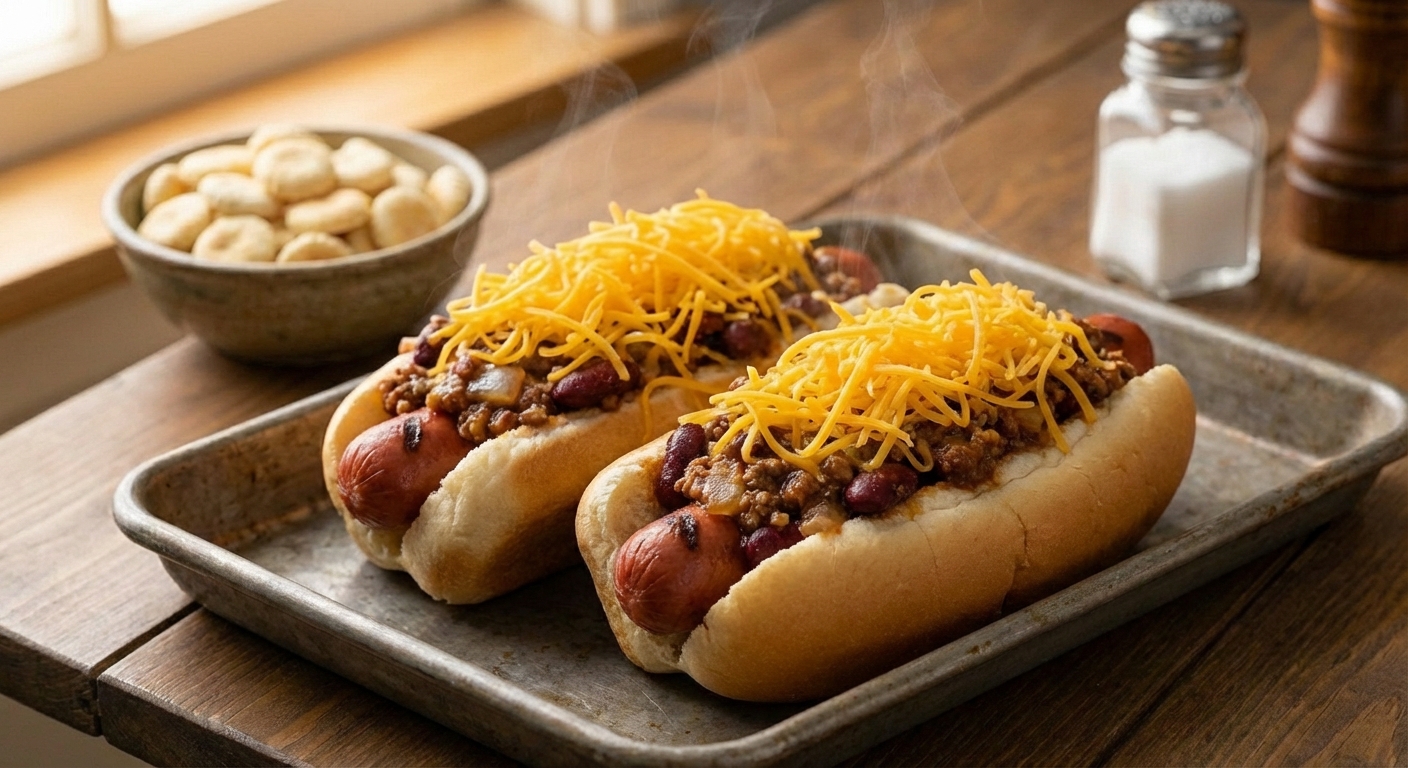 Two coney-style hot dogs topped with Cincinnati chili and shredded cheddar on a tray