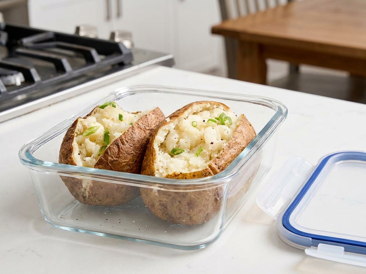 Two cooled baked potatoes in a clear airtight container on a kitchen counter next to a lid, ready to refrigerate