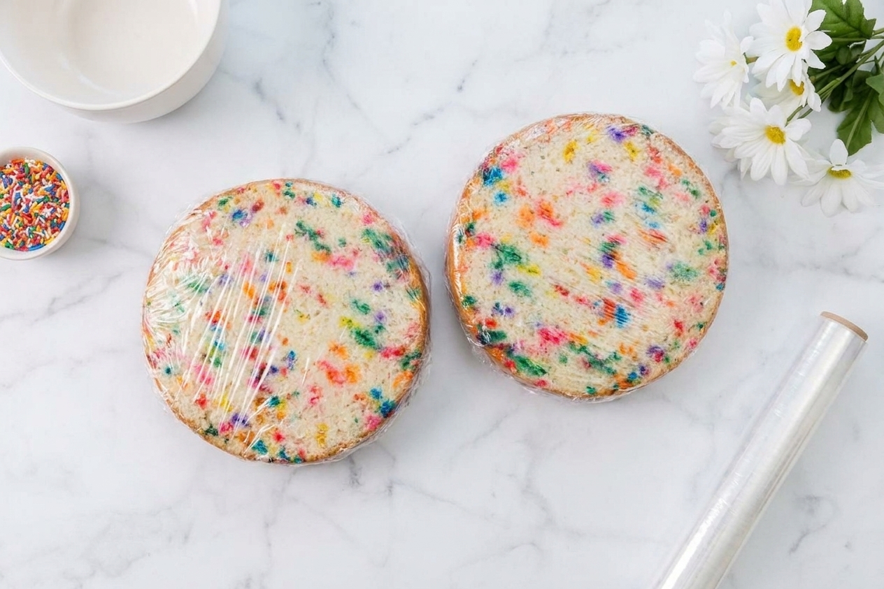 Two cooled confetti cake layers wrapped tightly in plastic wrap on a kitchen counter, ready for make-ahead storage