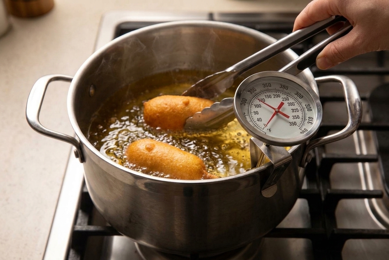 Two corn dogs frying in bubbling oil in a deep pot while tongs gently turn one