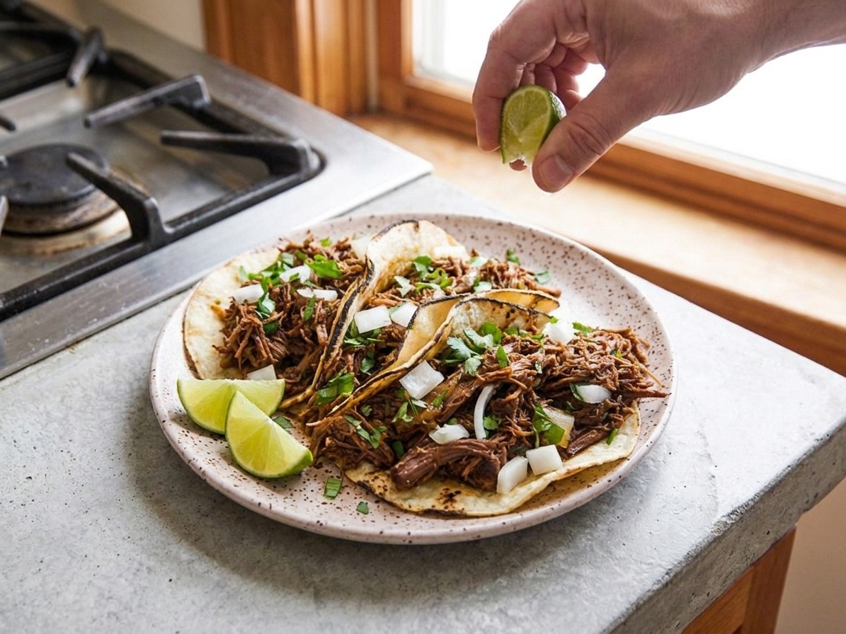 Two corn tortilla barbacoa tacos topped with diced onion and cilantro on a ceramic plate with lime wedges