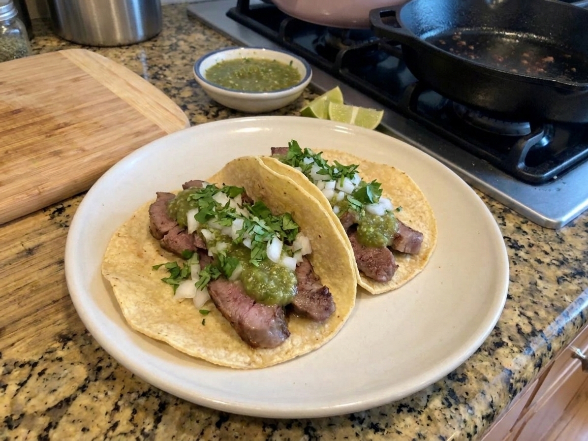 Two corn tortilla tacos filled with sliced lengua and topped with salsa verde, diced onions, and cilantro on a simple ceramic plate