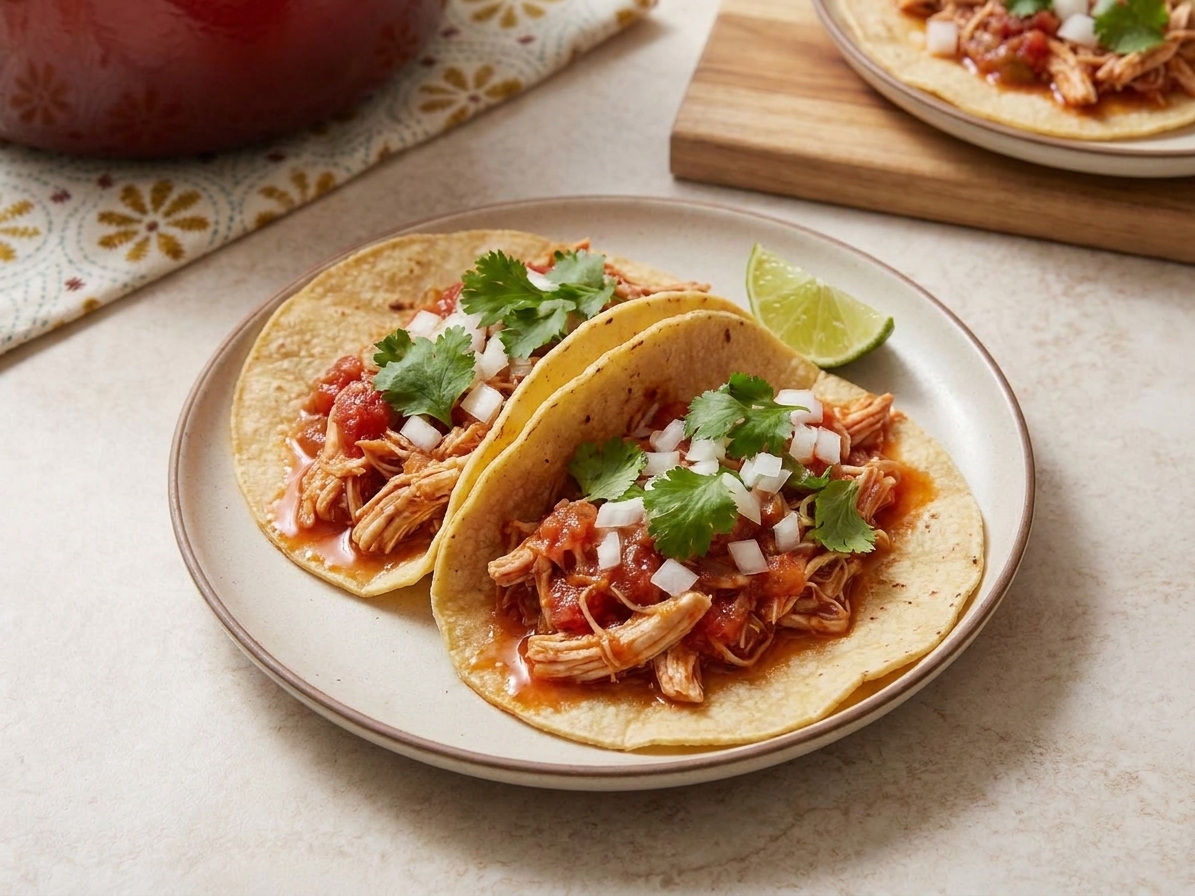 Two corn tortillas filled with shredded salsa chicken and topped with cilantro and diced onion on a simple ceramic plate