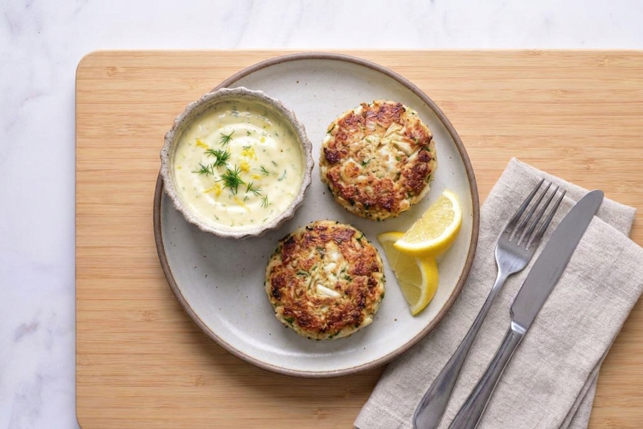 Two crab cakes plated with a small bowl of lemon-dill aioli and lemon wedges on a simple dinner table setting