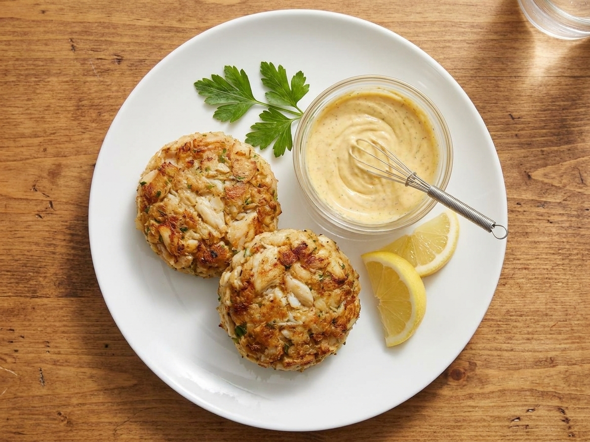Two crab cakes plated with a small bowl of remoulade and lemon wedges on a simple dinner plate at a kitchen table