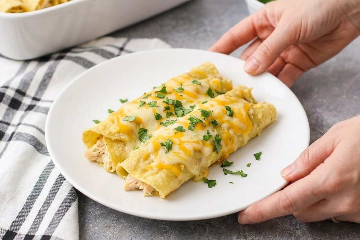 Two cream cheese chicken enchiladas plated with melted cheese on top and cilantro garnish on a white dinner plate