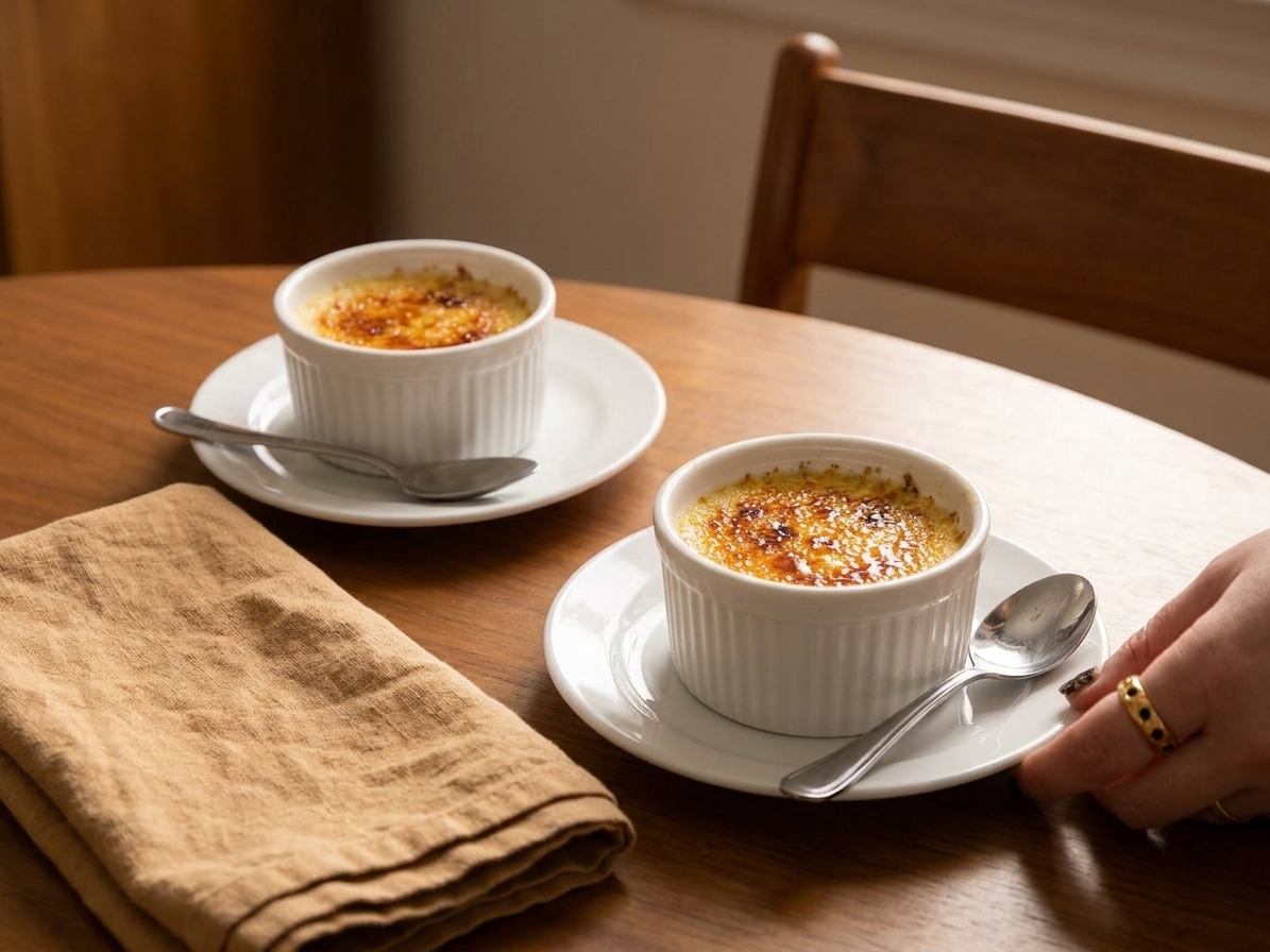 Two creme brulees on small plates with coffee spoons and a linen napkin on a warmly lit dining table