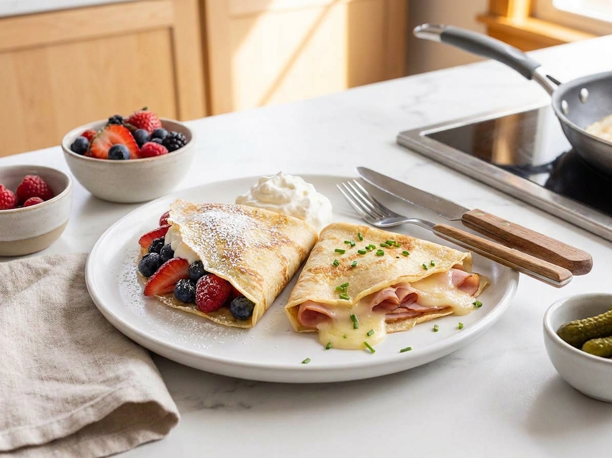 Two crepes folded into triangles on a plate, one filled with berries and cream and the other filled with ham and cheese, on a kitchen table with simple place settings