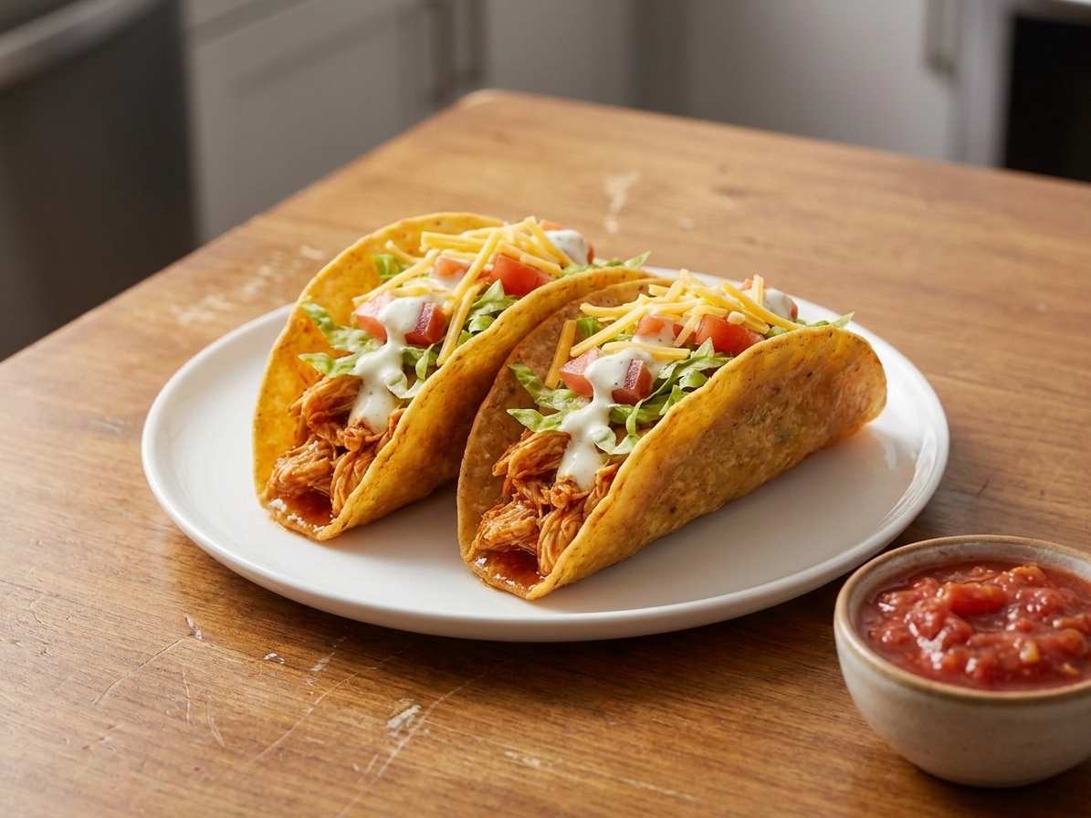 Two crispy chicken chalupas on a plate with salsa on the side on a warm, softly lit dinner table