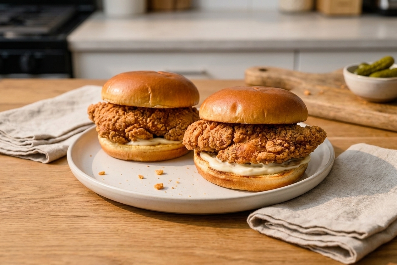 Two crispy chicken sandwiches on a simple plate with napkins and a casual family-style table setting in warm natural light