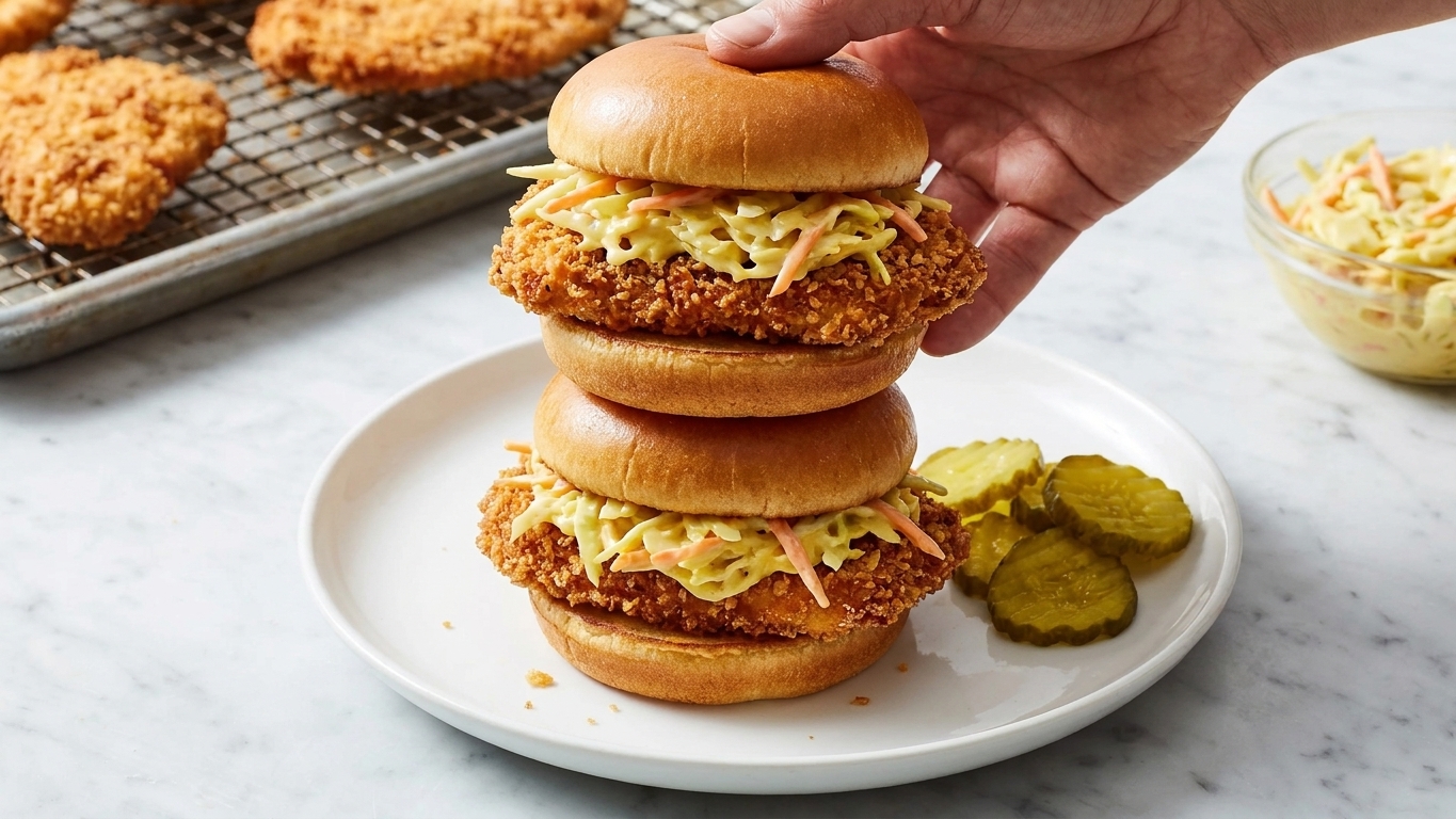 Two crispy chicken sliders stacked with honey mustard slaw on a plate with pickle chips beside them