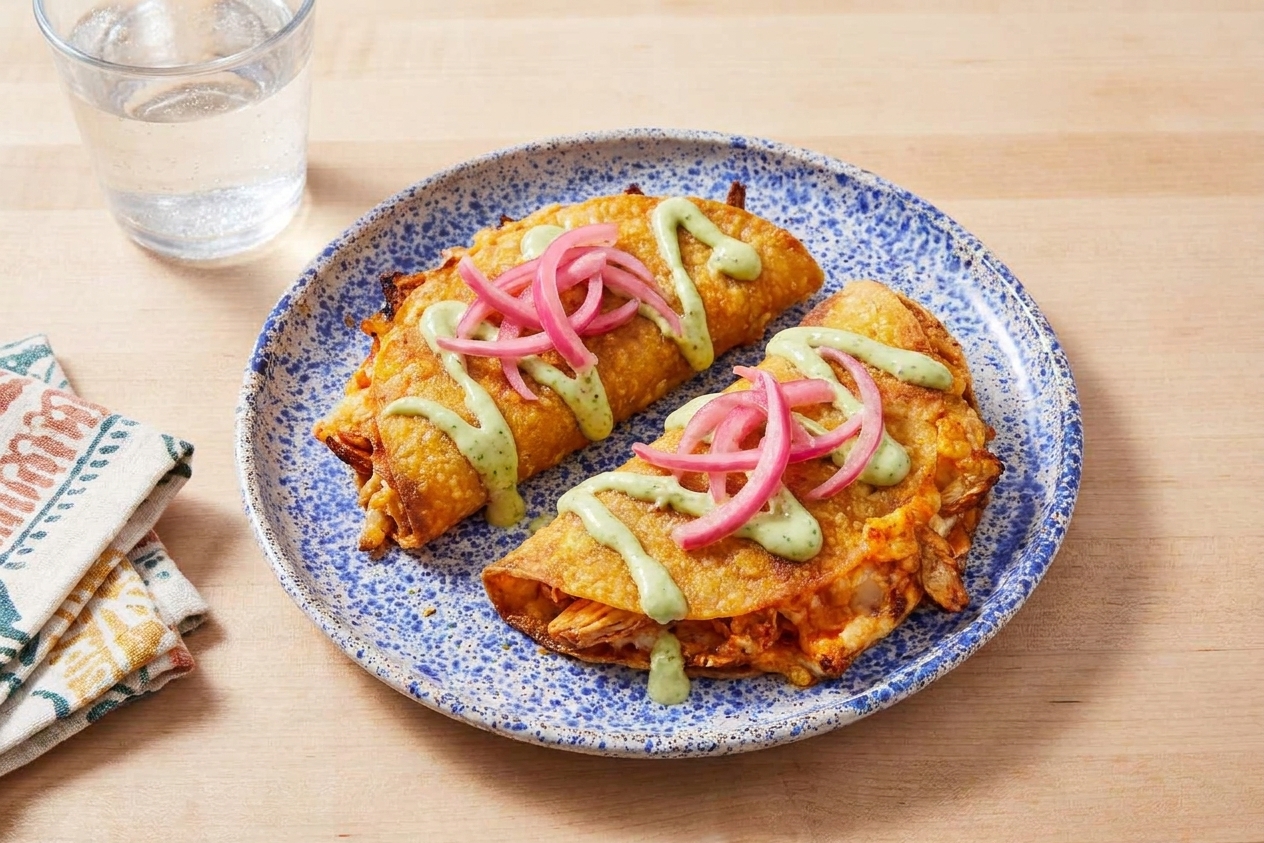 Two crispy chicken tacos on a plate with pickled onions and lime crema, set on a simple dinner table with a glass of water and napkins
