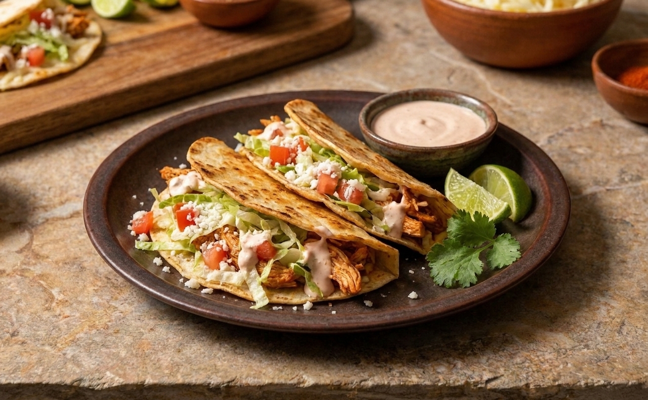 Two crispy chicken tacos on a plate with shredded lettuce, diced tomatoes, and a small bowl of creamy lime sauce