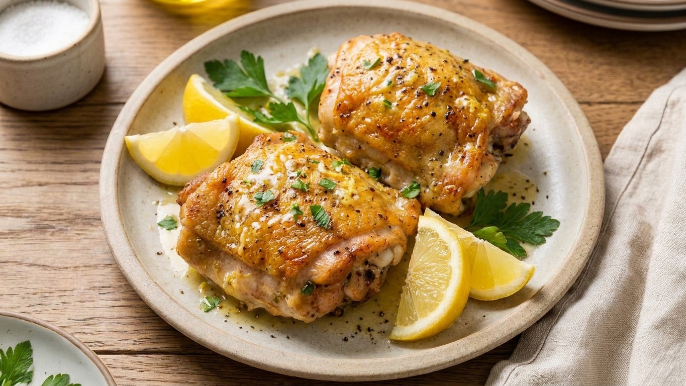 Two crispy chicken thighs on a dinner plate with lemon wedges and a glossy lemon pepper butter drizzle, set on a simple table setting