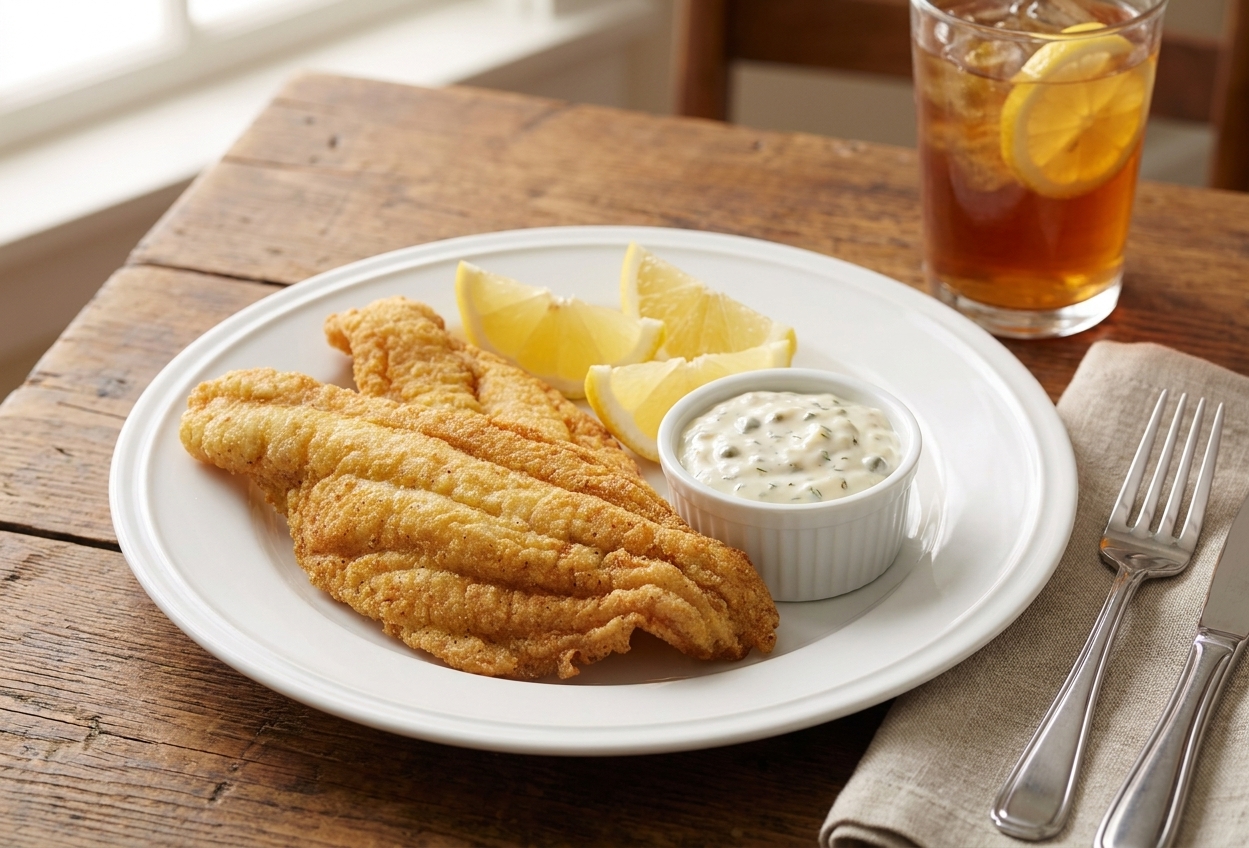 Two crispy fried catfish fillets on a plate with lemon wedges and a small ramekin of tartar sauce on a simple dinner table setting