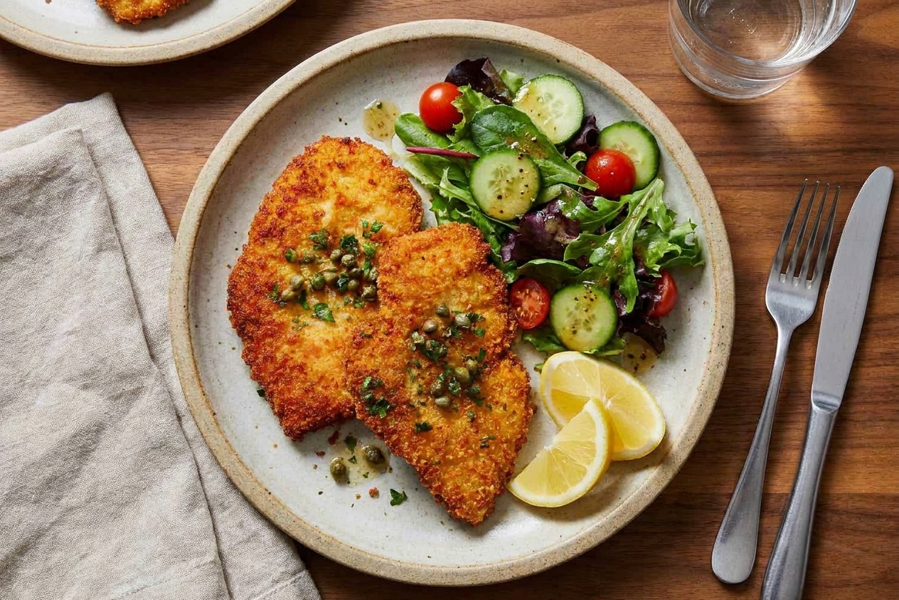 Two crispy panko chicken cutlets plated with lemon wedges and a simple side salad on a family dinner table