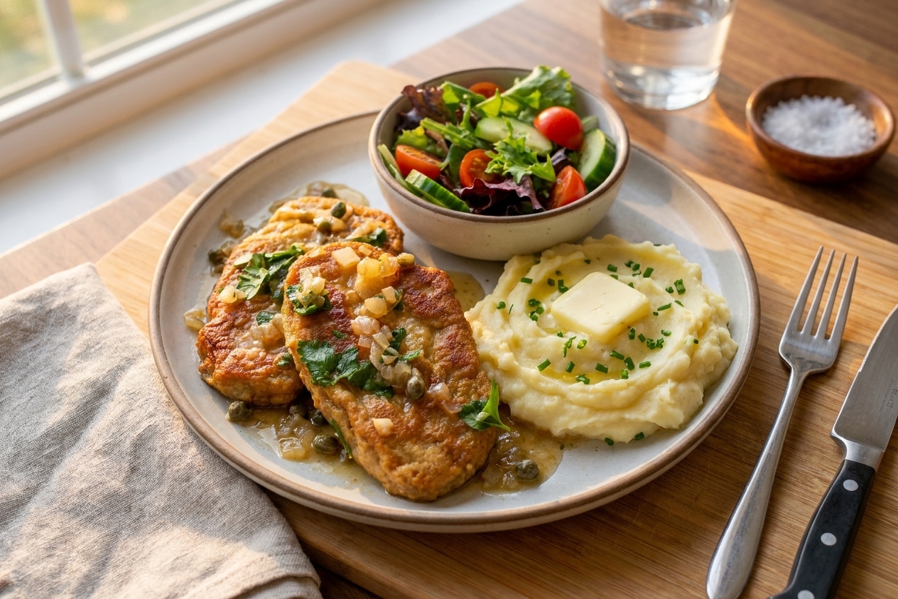 Two crispy seitan cutlets plated with mashed potatoes and a small green salad on a wooden table in warm evening light