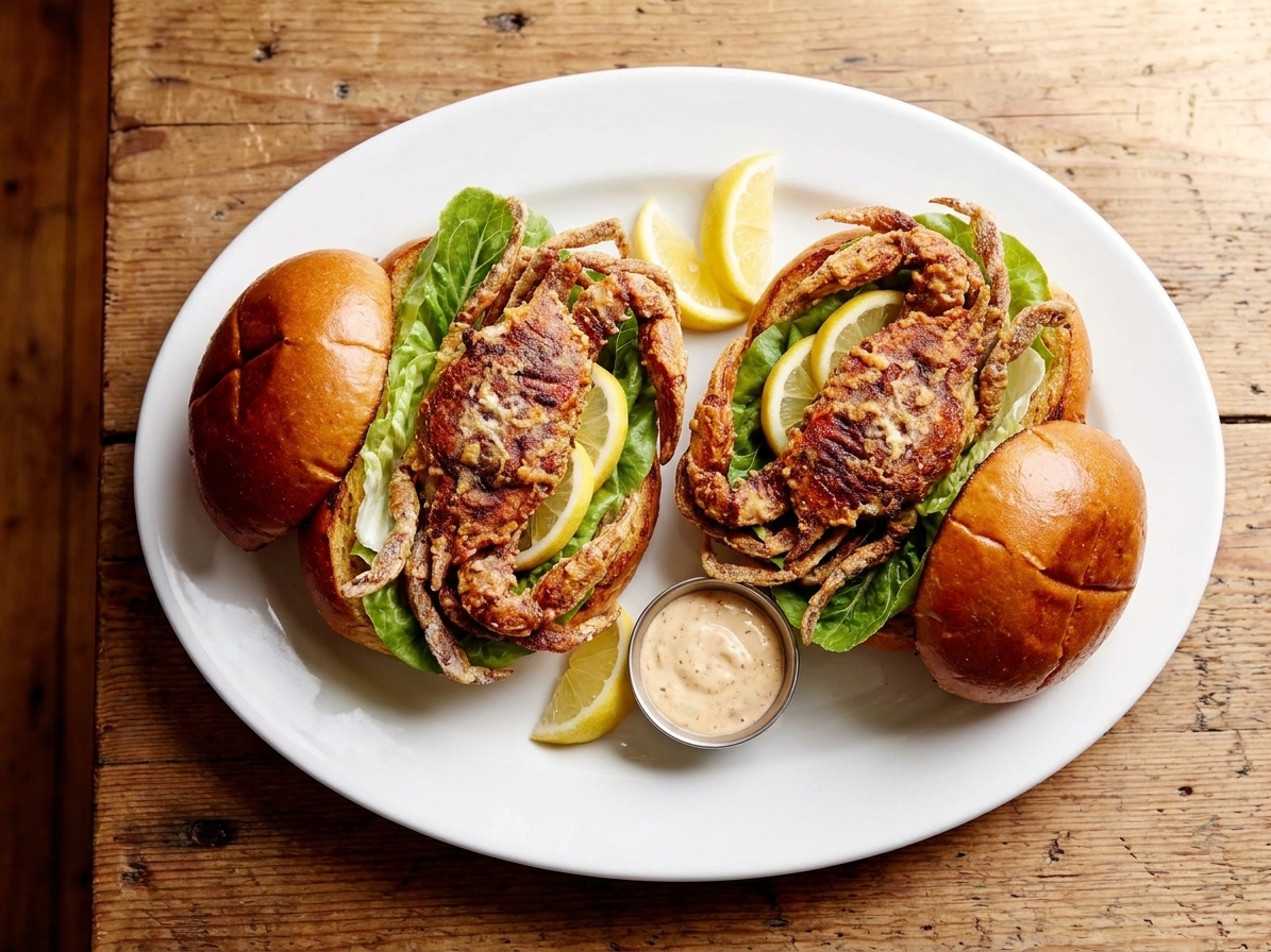 Two crispy soft shell crab sandwiches on a platter with shredded lettuce, lemon wedges, and a small bowl of remoulade on a wooden table