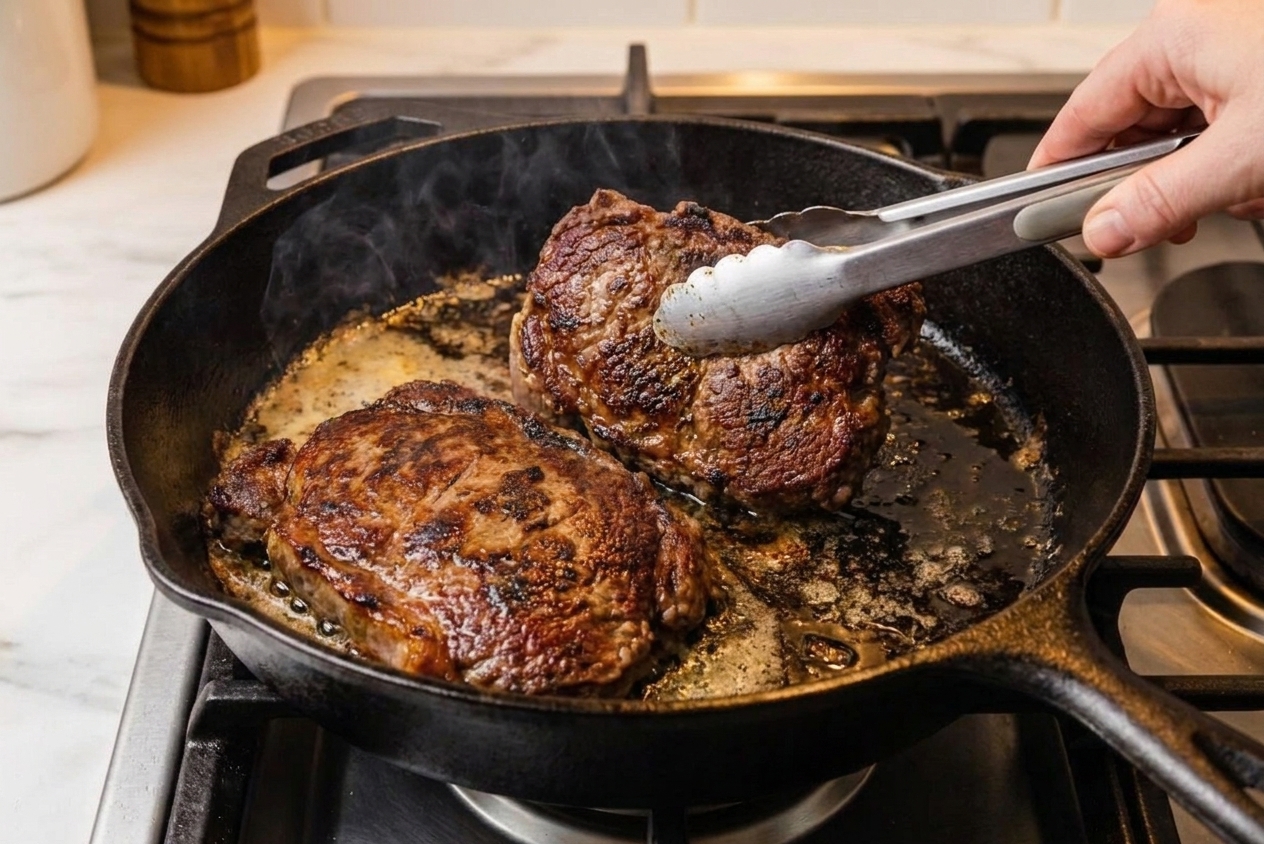 Two cube steaks browning in a cast iron skillet with visible caramelized crust forming on a stovetop