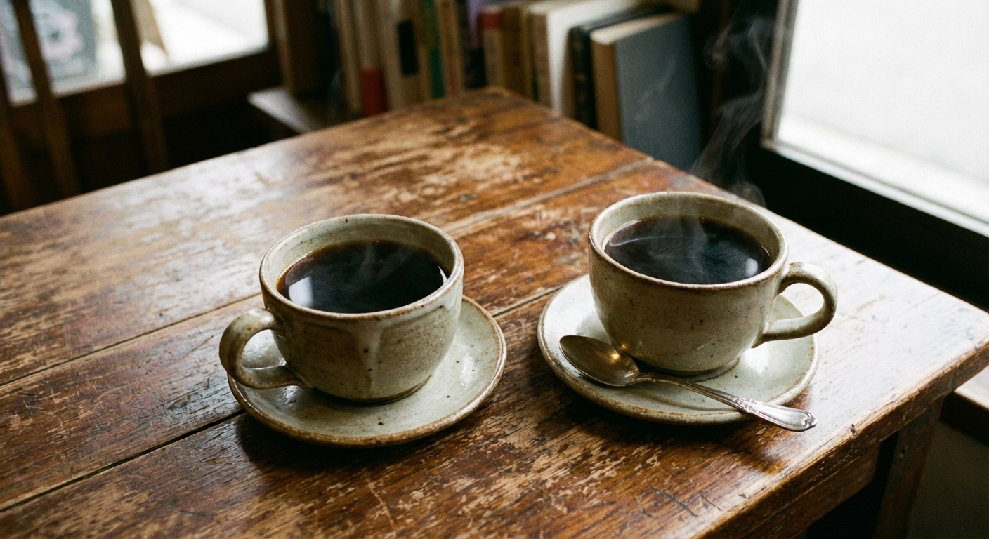 Two cups of black coffee on a wooden table with a small spoon
