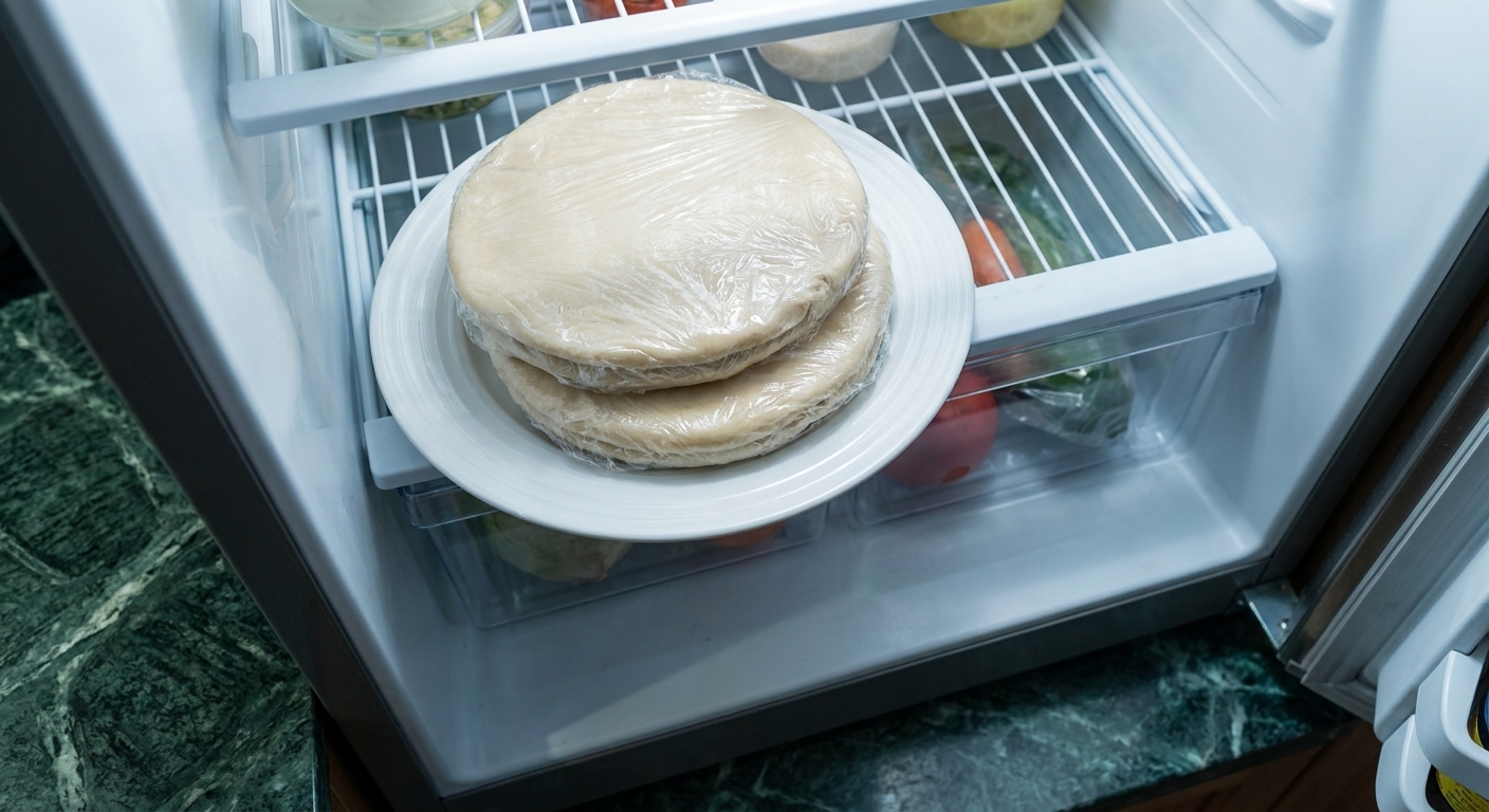 Two discs of pie dough wrapped tightly in plastic wrap on a plate in a refrigerator shelf