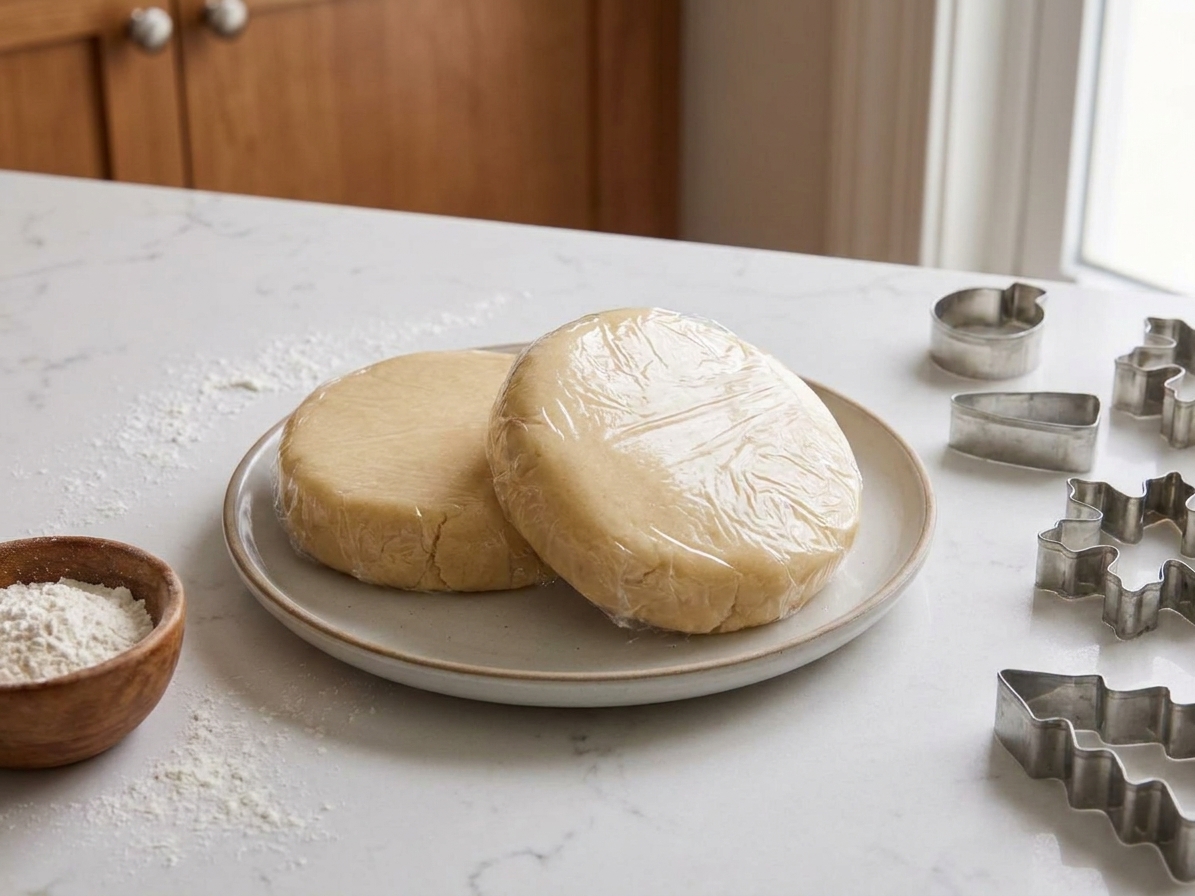 Two discs of sugar cookie dough wrapped in plastic wrap resting on a plate in a warm home kitchen, ready to chill