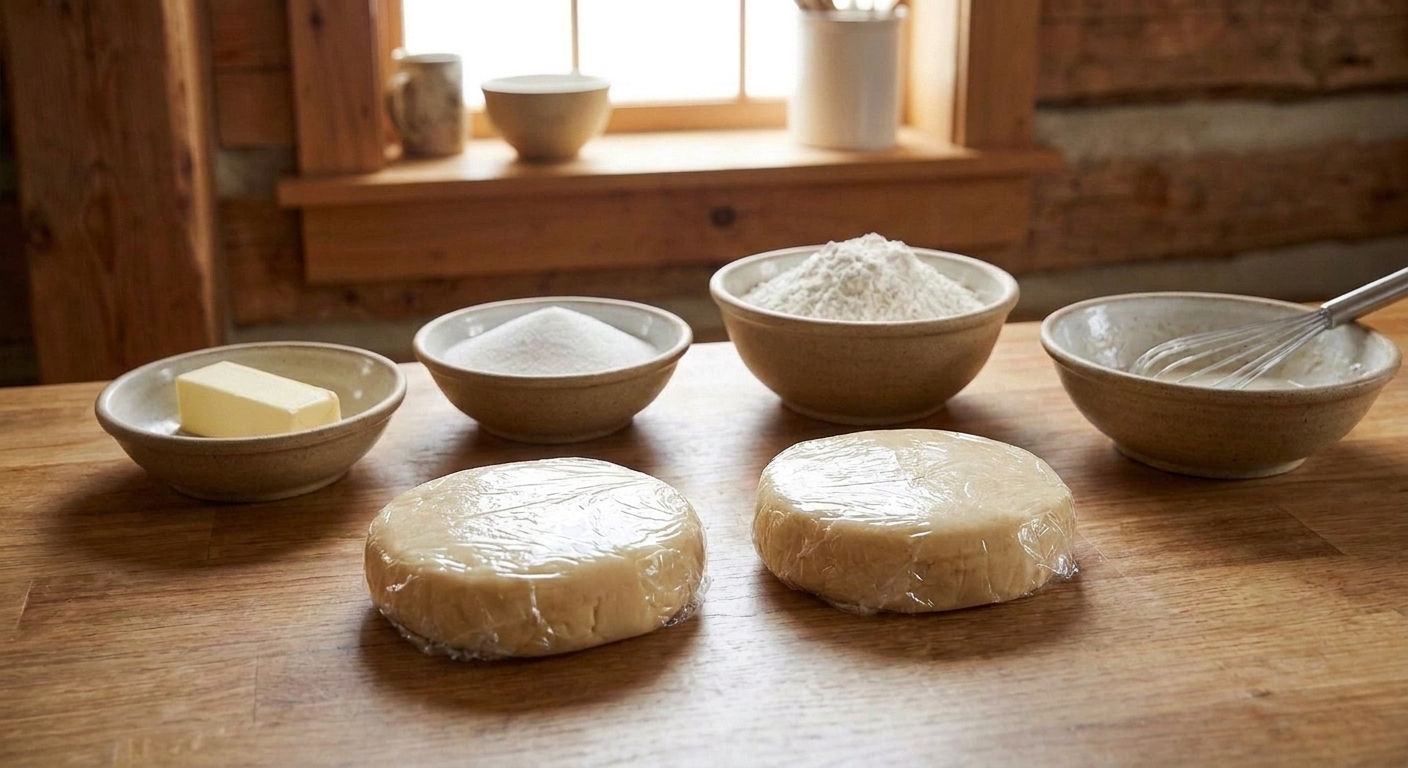 Two discs of sugar cookie dough wrapped tightly in plastic wrap on a kitchen counter