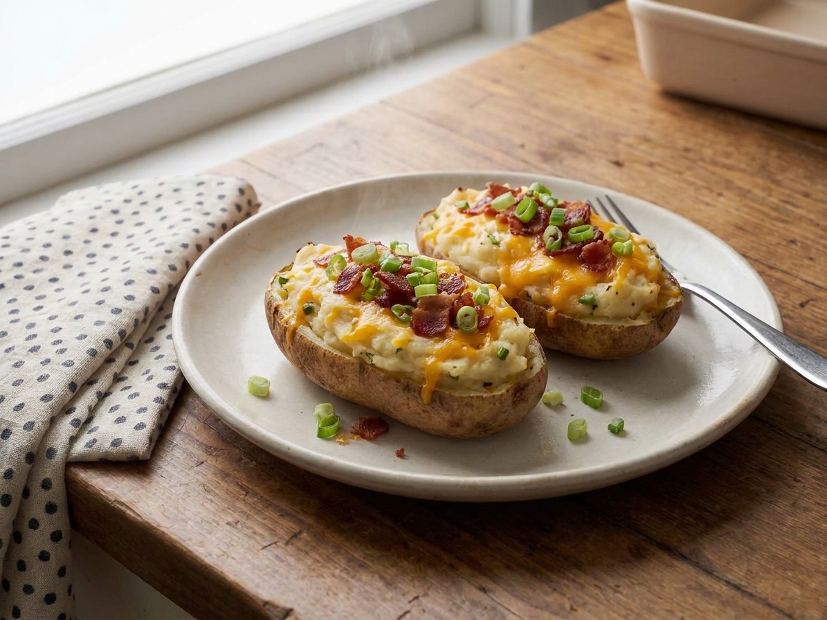 Two double baked potato halves plated with melted cheddar, bacon crumbles, and fresh scallions on a simple dinner plate