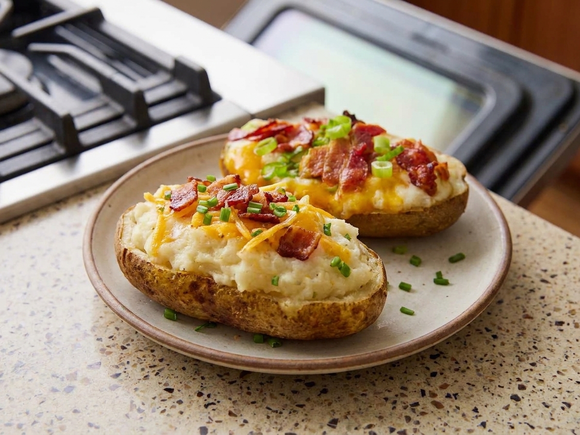 Two double stuffed baked potato halves on a plate with melted cheddar, bacon crumbles, and chives, set on a wooden table