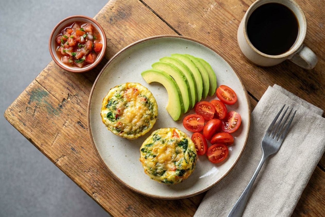 Two egg white bites on a plate with sliced avocado and cherry tomatoes on a wooden table set for breakfast