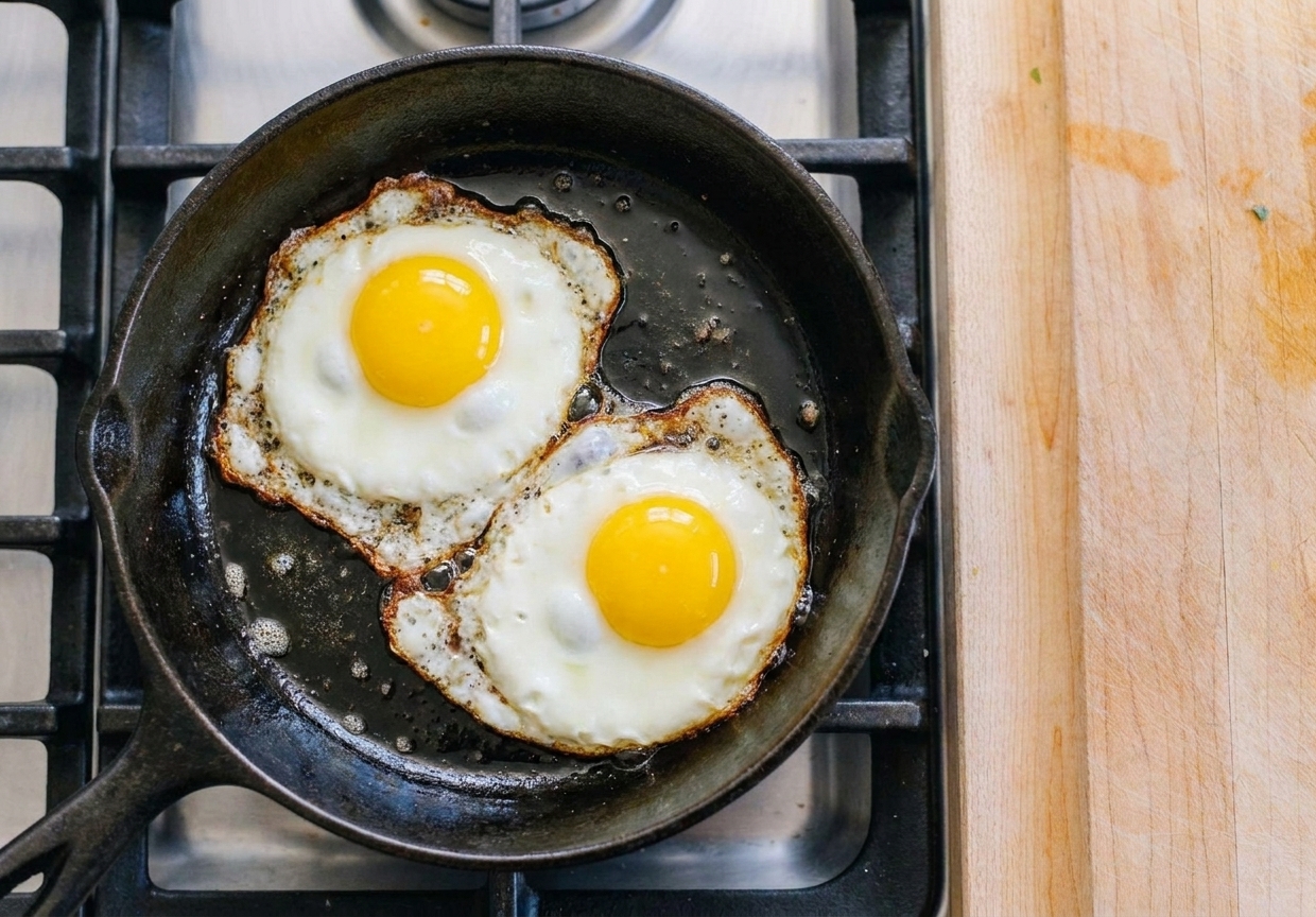 Two eggs frying in a skillet with crisp golden edges and set whites while the yolks remain soft