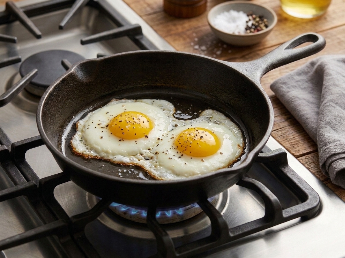 Two eggs frying in a skillet with set whites and glossy yolks on a stovetop