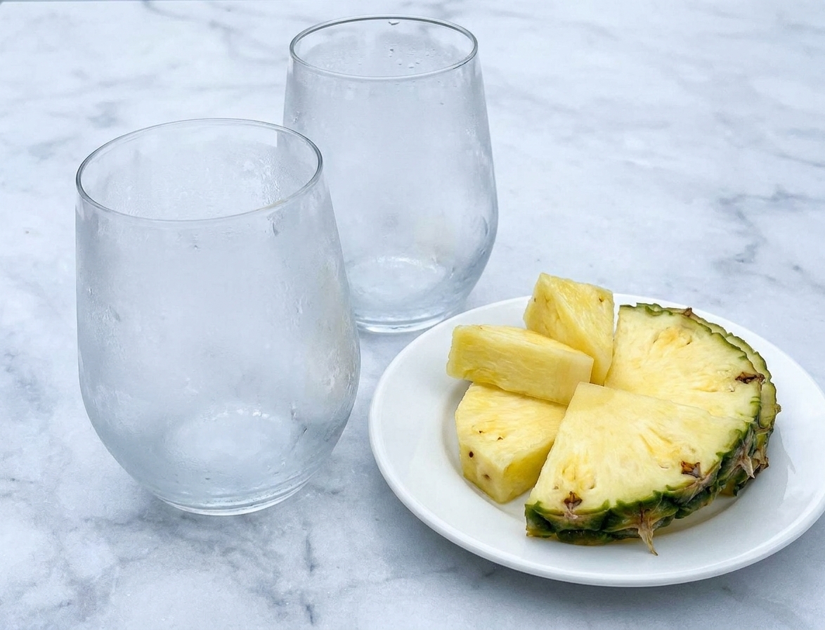 Two empty chilled glasses on a bright kitchen counter with a small plate of pineapple wedges nearby