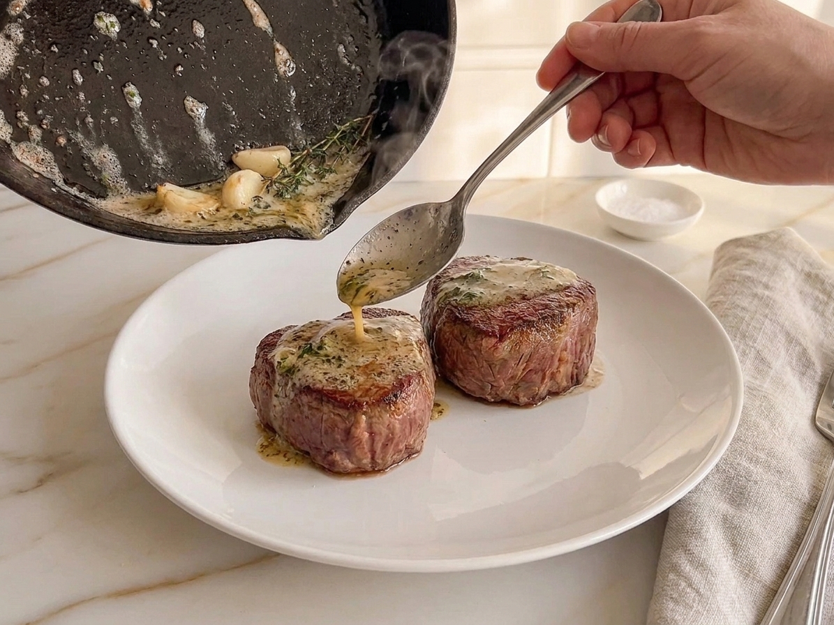 Two filet mignon steaks resting on a plate with melted herb butter spooned over the top