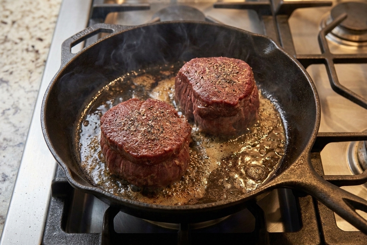 Two filet mignon steaks searing in a cast iron skillet with browned crust forming, photographed from above on a home stove