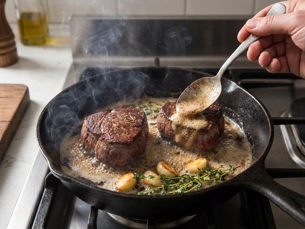 Two filet mignon steaks searing in a cast iron skillet with foaming butter, garlic cloves, and thyme sprigs on a home stove