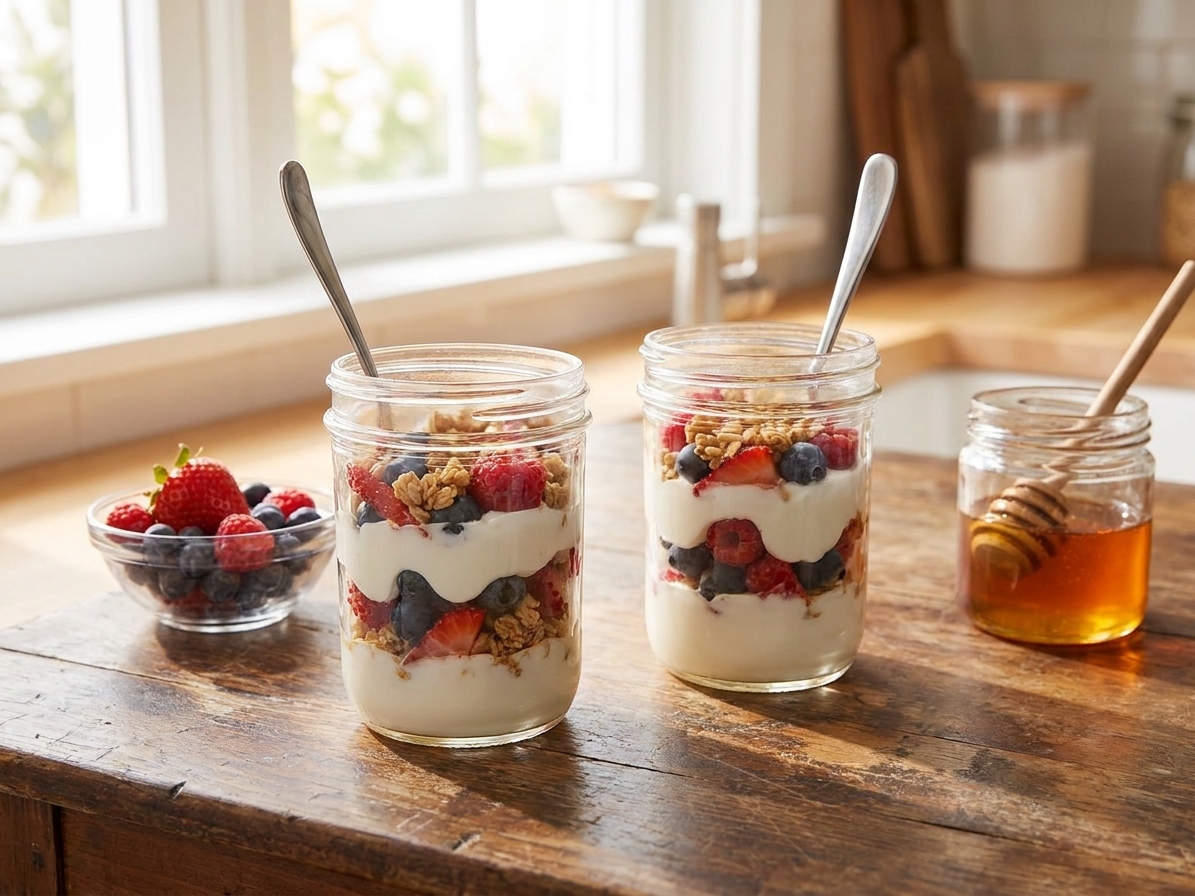 Two finished Greek yogurt parfaits in glasses on a breakfast table with spoons, a small bowl of extra berries, and a jar of honey