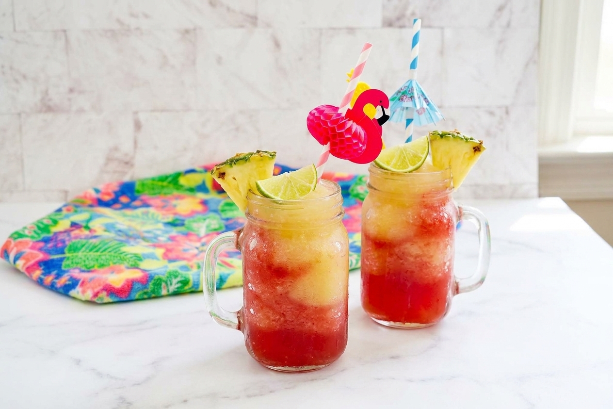 Two finished Malibu rum slush drinks on a table setting with lime wedges and pineapple garnish, condensation visible on the glasses