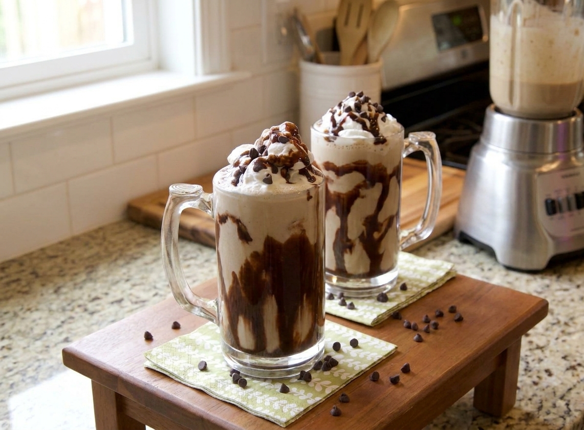 Two finished Mudslide drinks with chocolate swirls set on a small table with cocktail napkins in a cozy kitchen setting