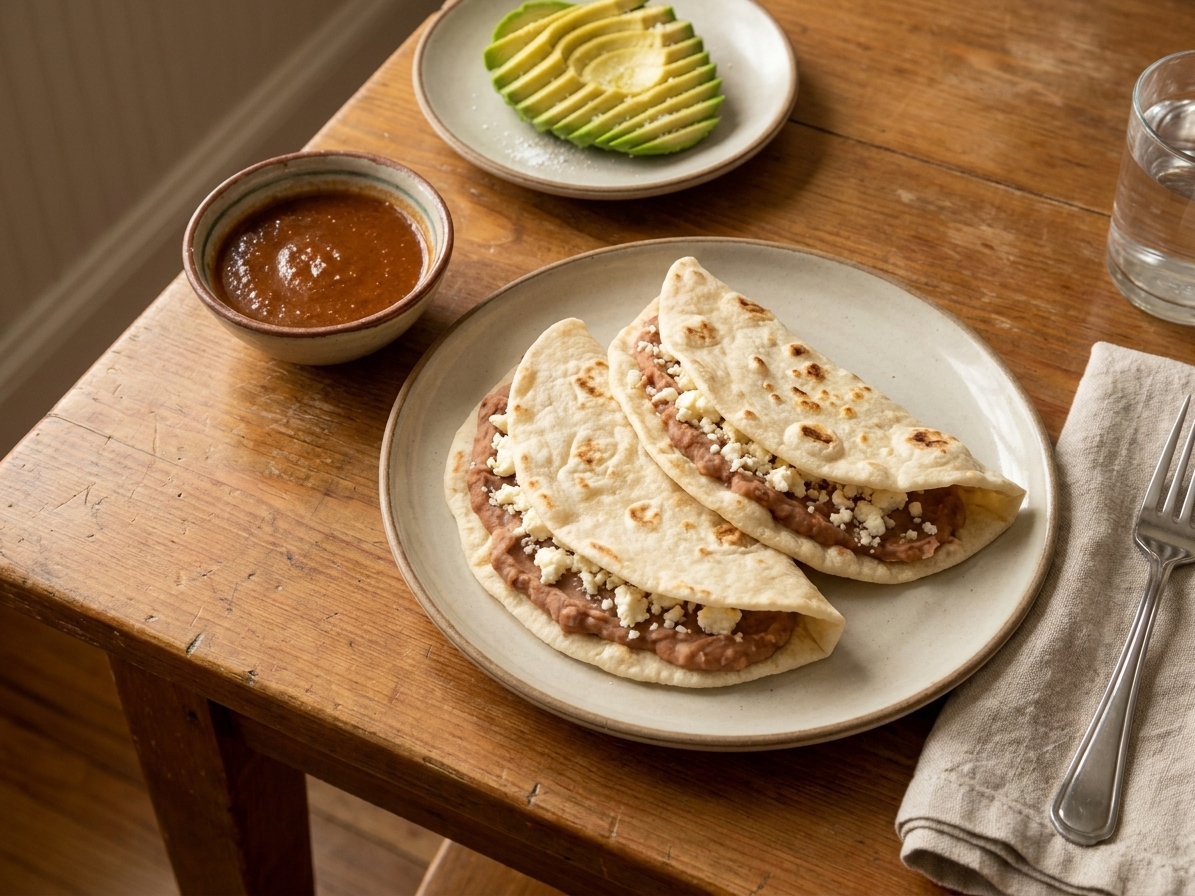 Two finished baleadas on a plate with a small bowl of hot sauce and sliced avocado on a casual dinner table setting