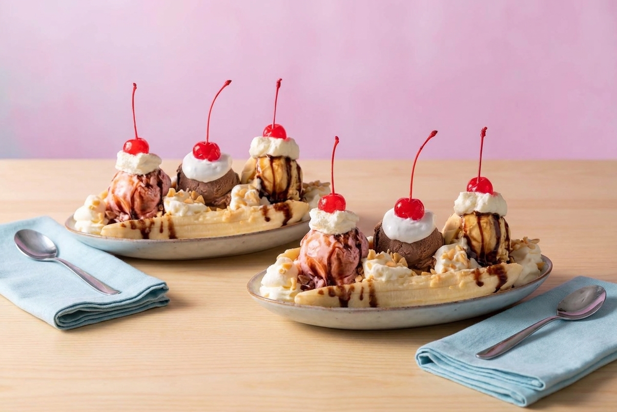 Two finished banana splits on a simple table setting with spoons and napkins, ready to serve