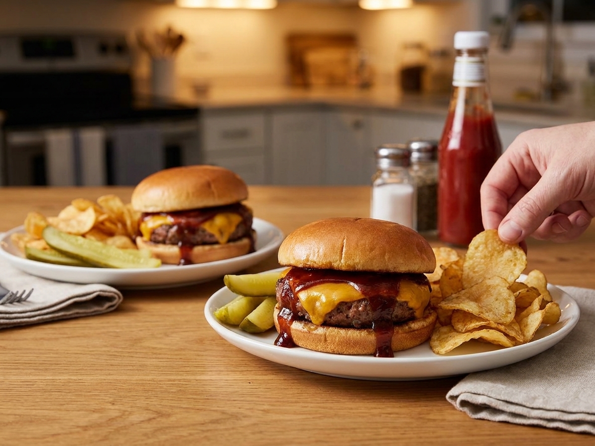 Two finished barbecue cheeseburgers on plates with pickles and chips on a casual dinner table with warm kitchen lighting