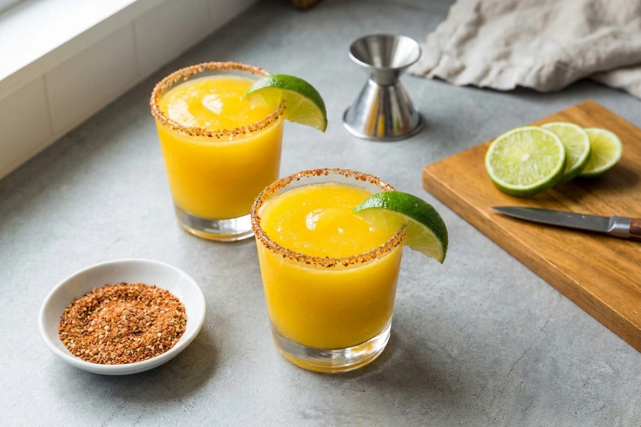 Two finished mango margaritas with chili-lime rims on a casual table setting with a small bowl of extra rim salt and sliced limes