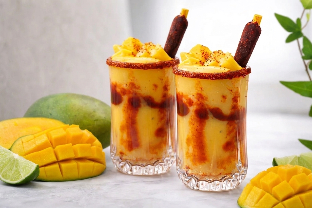 Two finished mangonadas with Tajín-rimmed glasses, chamoy drizzles on top, and tamarind candy straws on a simple kitchen table setting