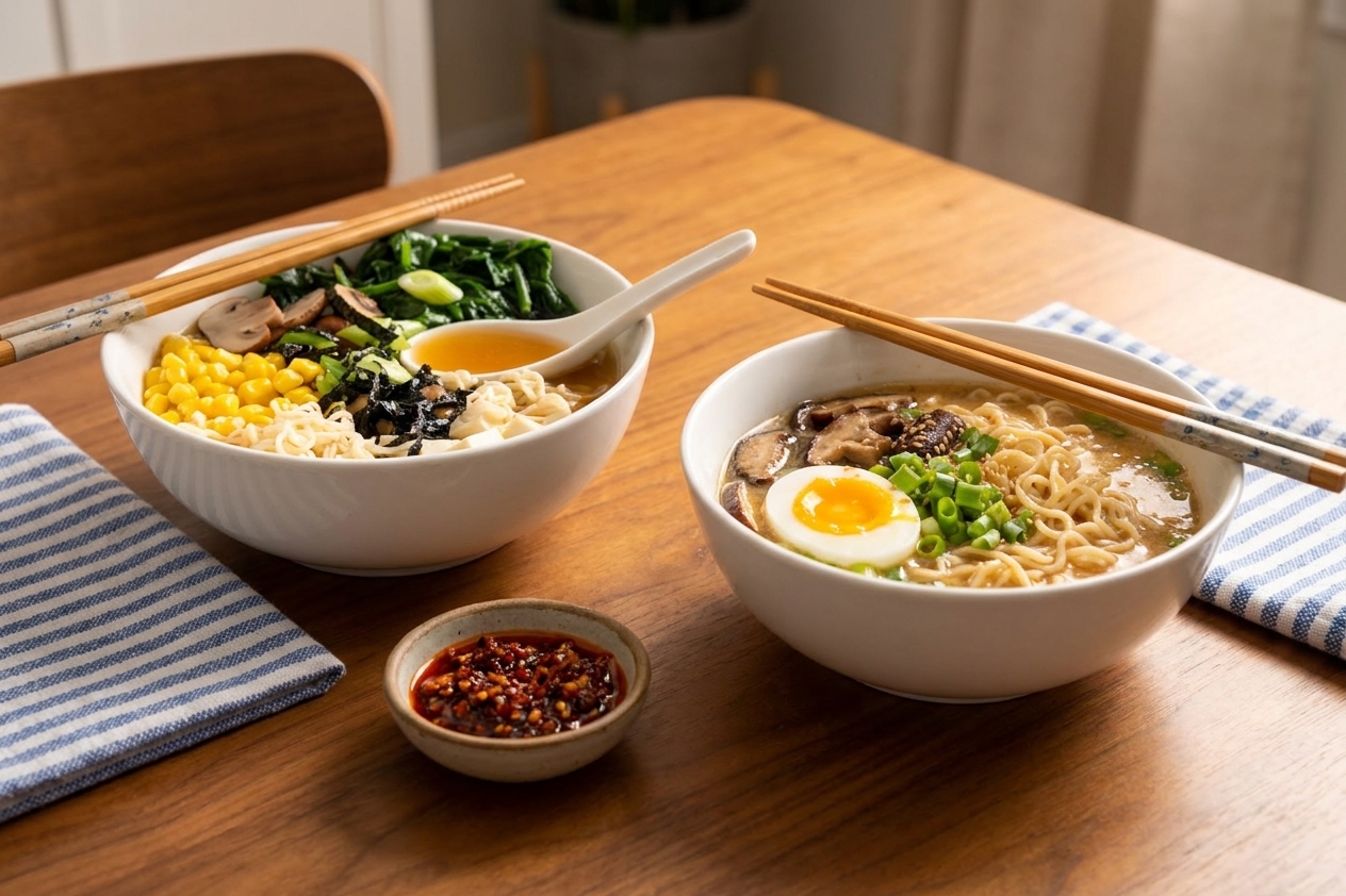 Two finished ramen bowls on a dinner table with chopsticks and a small dish of chili crisp in warm light