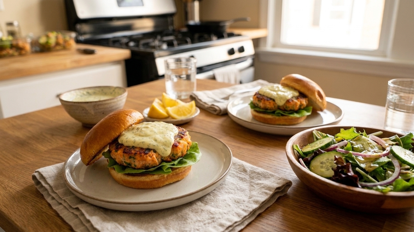 Two finished salmon burgers on plates with a simple side salad and a casual family-style table setting in natural light