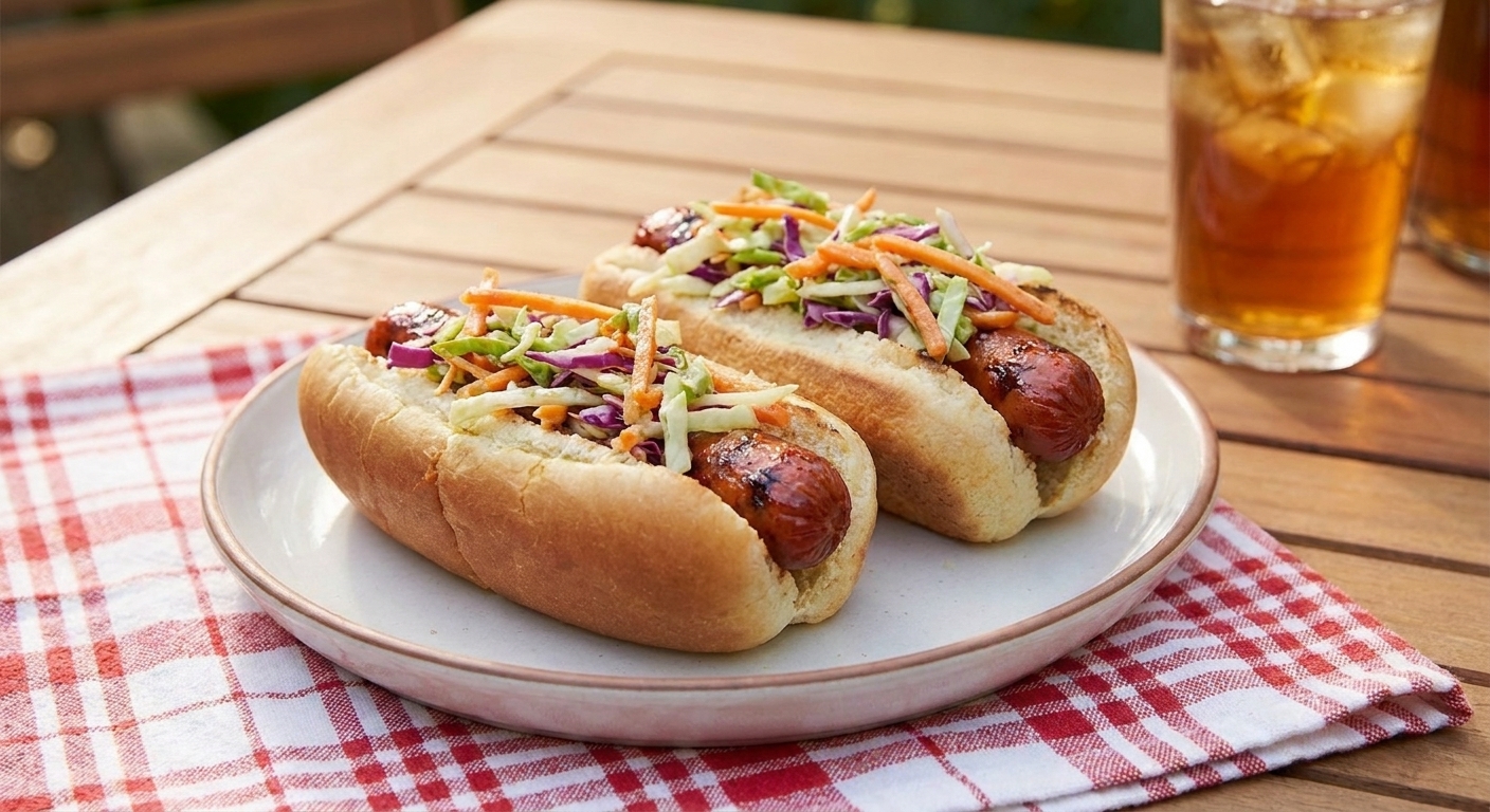 Two firecracker hot dogs topped with crunchy slaw on a plate at a summer picnic table with simple red napkins